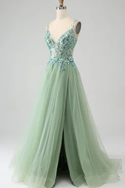 Lindo A Line V Neck Light Green Long Prom Dress com Appliques