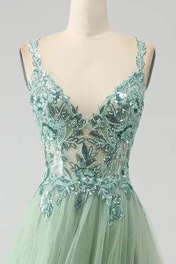 Lindo A Line V Neck Light Green Long Prom Dress com Appliques