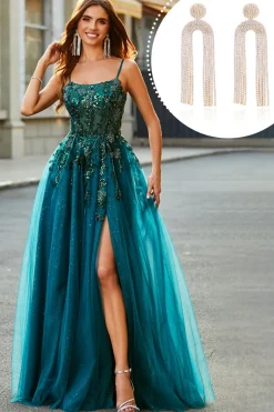 Lindo A Line Verde Escuro Appliques Long Prom Dress com Acessório