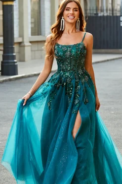 Lindo A Line Verde Escuro Appliques Long Prom Dress com Acessório