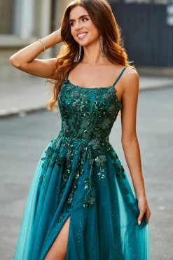 Lindo A Line Verde Escuro Appliques Long Prom Dress com Acessório