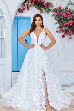 Lindo A Line V-Neck Marfim Vestido de Noiva Longo com Flores 3D