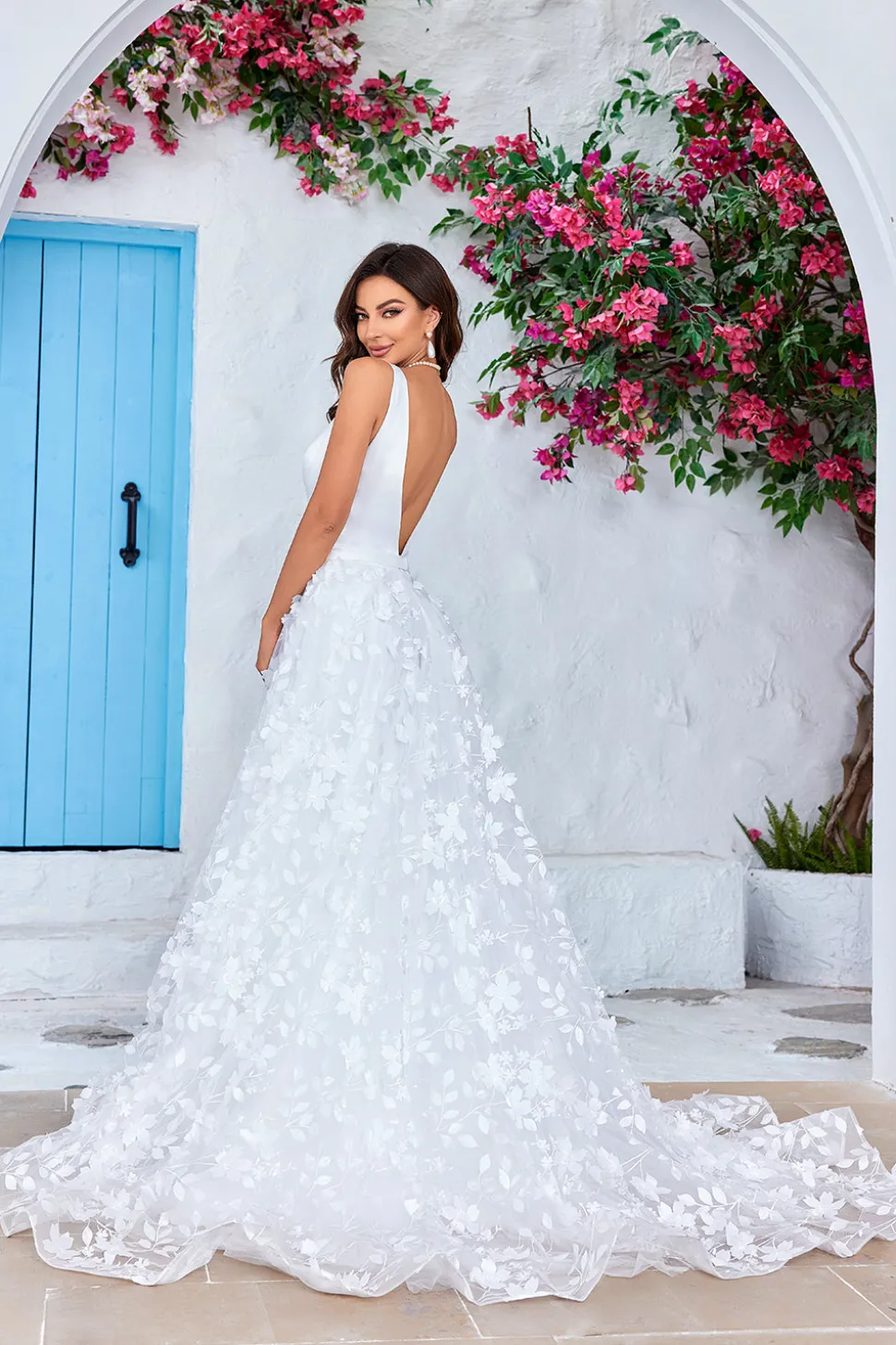 Lindo A Line V-Neck Marfim Vestido de Noiva Longo com Flores 3D