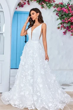 Lindo A Line V-Neck Marfim Vestido de Noiva Longo com Flores 3D