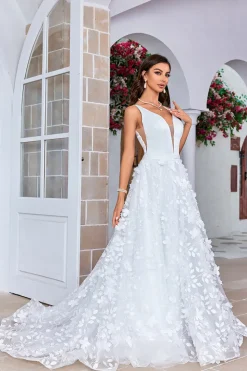 Lindo A Line V-Neck Marfim Vestido de Noiva Longo com Flores 3D