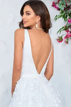 Lindo A Line V-Neck Marfim Vestido de Noiva Longo com Flores 3D