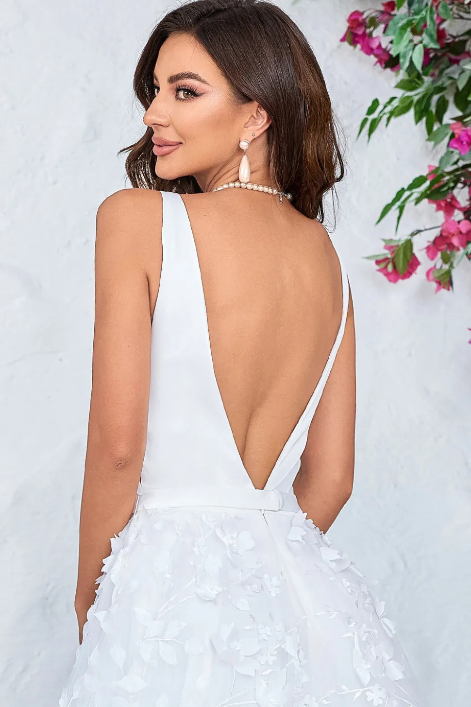 Lindo A Line V-Neck Marfim Vestido de Noiva Longo com Flores 3D