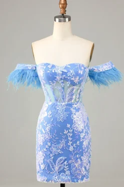 Lindo bainha fora do ombro azul vestido curto Homecoming com pena