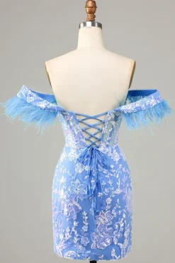 Lindo bainha fora do ombro azul vestido curto Homecoming com pena