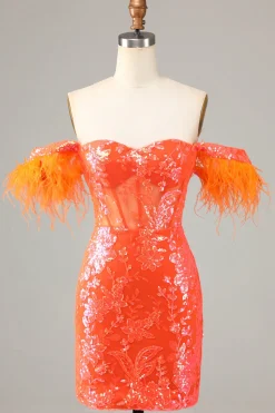 Lindo bainha fora do ombro azul vestido curto Homecoming com pena