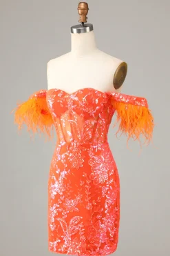 Lindo bainha fora do ombro azul vestido curto Homecoming com pena