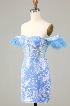 Lindo bainha fora do ombro azul vestido curto Homecoming com pena