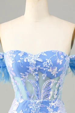 Lindo bainha fora do ombro azul vestido curto Homecoming com pena