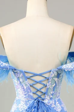 Lindo bainha fora do ombro azul vestido curto Homecoming com pena