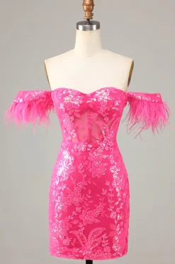 Lindo bainha fora do ombro azul vestido curto Homecoming com pena