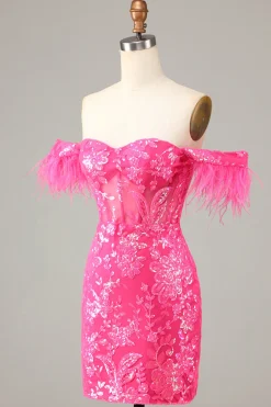 Lindo bainha fora do ombro azul vestido curto Homecoming com pena