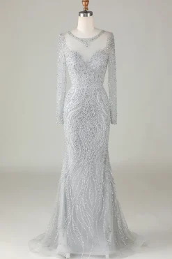 Lindo cinzento brilhante frisado sereia longo vestido de baile