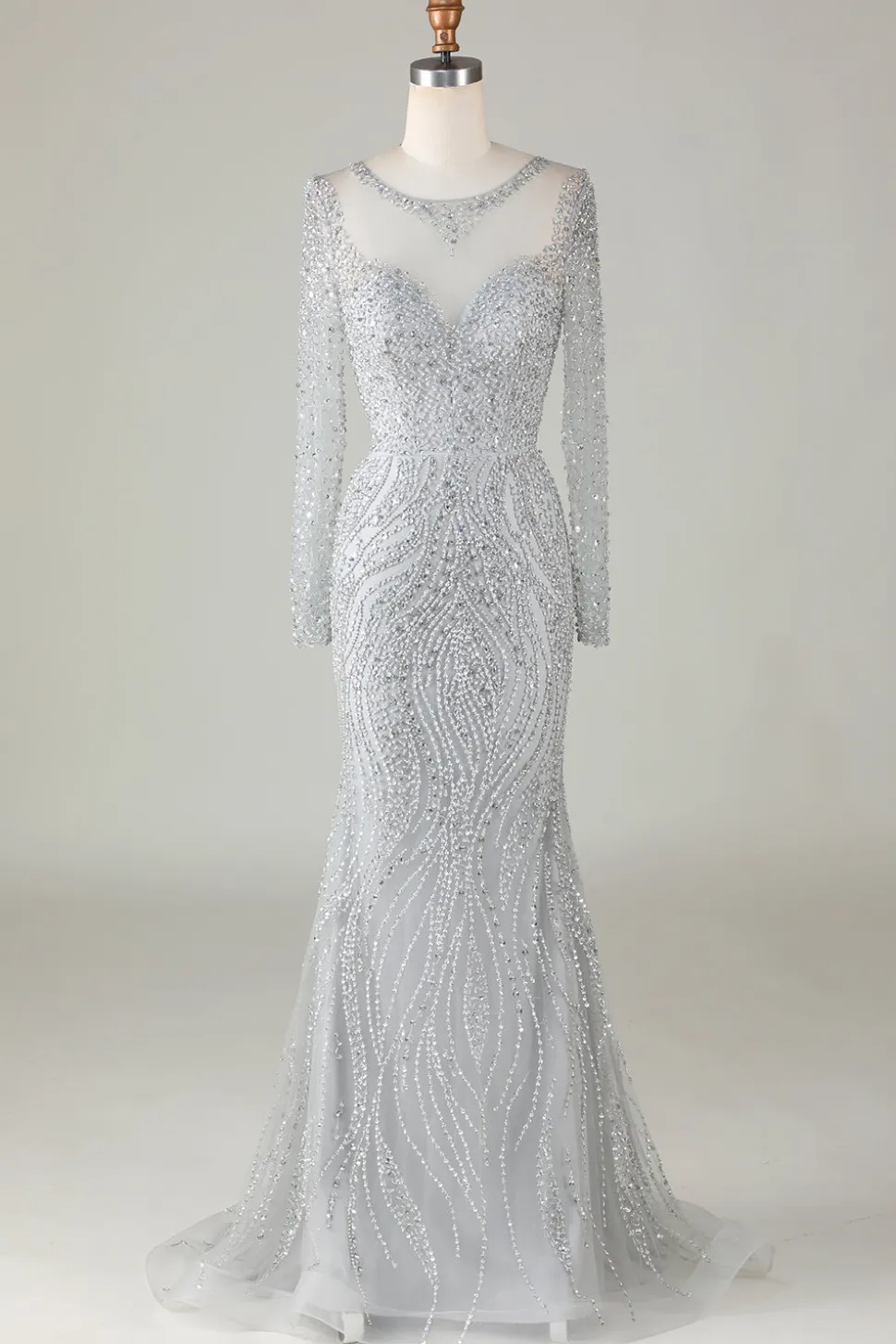 Lindo cinzento brilhante frisado sereia longo vestido de baile