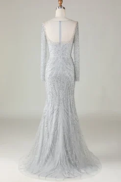 Lindo cinzento brilhante frisado sereia longo vestido de baile