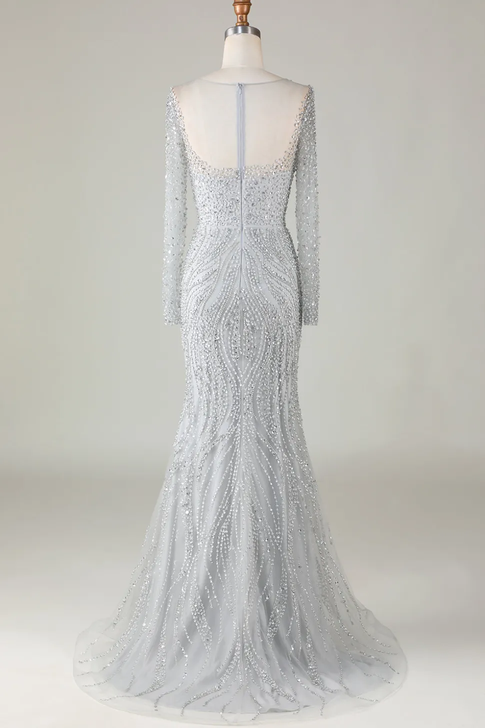 Lindo cinzento brilhante frisado sereia longo vestido de baile