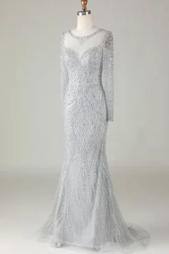 Lindo cinzento brilhante frisado sereia longo vestido de baile