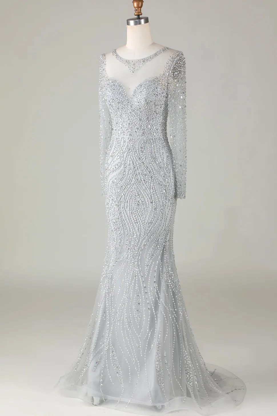 Lindo cinzento brilhante frisado sereia longo vestido de baile