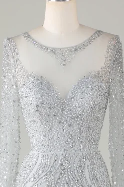 Lindo cinzento brilhante frisado sereia longo vestido de baile