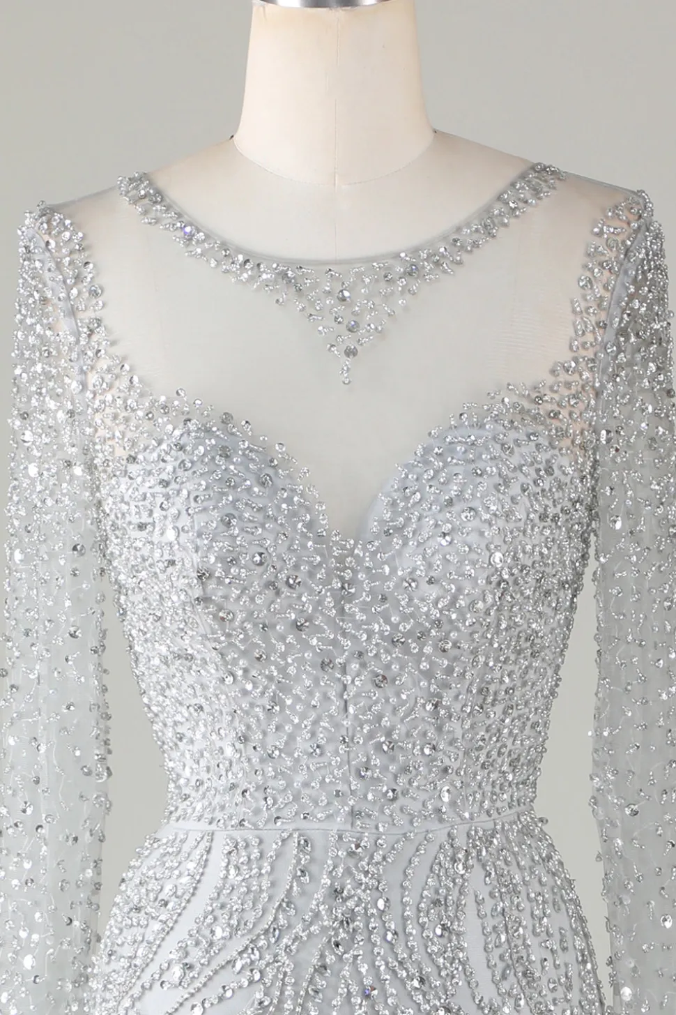 Lindo cinzento brilhante frisado sereia longo vestido de baile