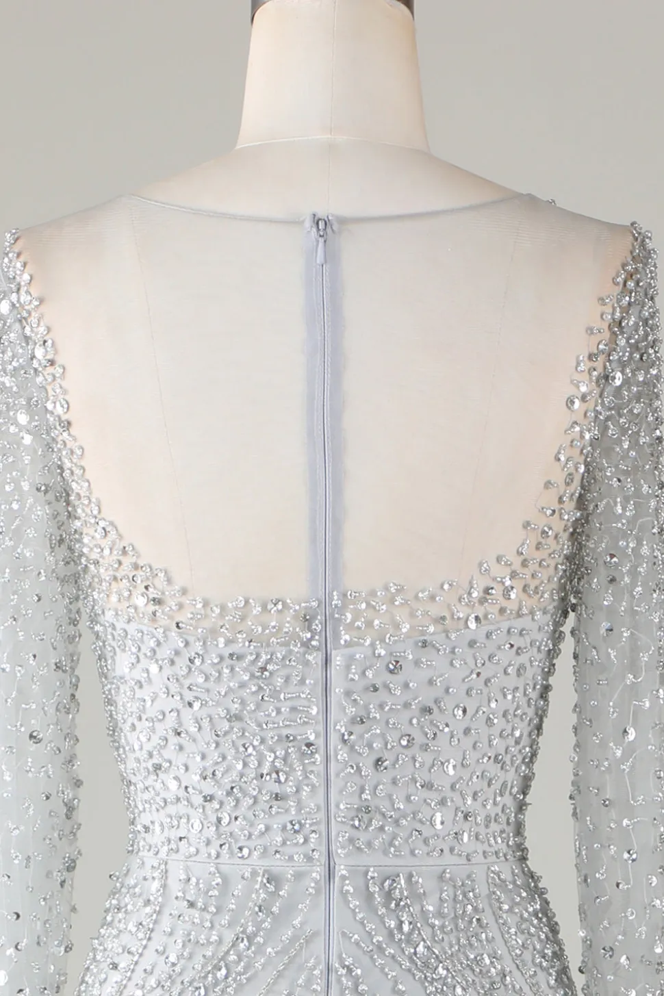 Lindo cinzento brilhante frisado sereia longo vestido de baile