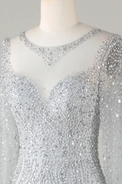 Lindo cinzento brilhante frisado sereia longo vestido de baile