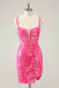 Lindo Hot Pink Bodycon Lace Up Glittler Vestido Curto Homecoming com Fenda