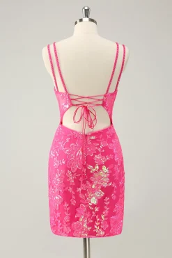 Lindo Hot Pink Bodycon Lace Up Glittler Vestido Curto Homecoming com Fenda