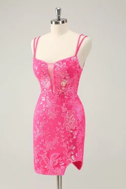 Lindo Hot Pink Bodycon Lace Up Glittler Vestido Curto Homecoming com Fenda