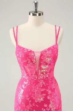 Lindo Hot Pink Bodycon Lace Up Glittler Vestido Curto Homecoming com Fenda