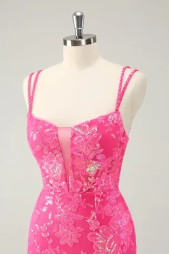 Lindo Hot Pink Bodycon Lace Up Glittler Vestido Curto Homecoming com Fenda