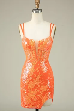 Lindo Laranja Lace Up Tight Glittler Homecoming Vestido