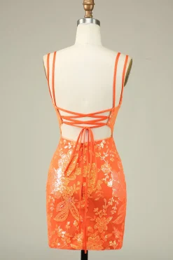 Lindo Laranja Lace Up Tight Glittler Homecoming Vestido