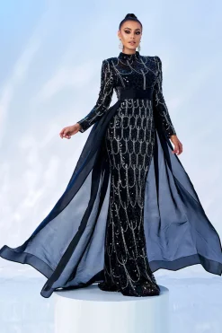 Lindo Preto Sereia Sereia Mangas Longas Frisado Vestido de Baile