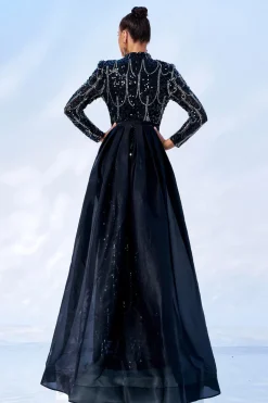 Lindo Preto Sereia Sereia Mangas Longas Frisado Vestido de Baile
