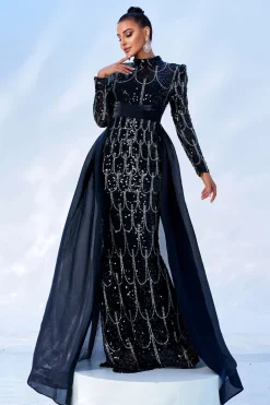Lindo Preto Sereia Sereia Mangas Longas Frisado Vestido de Baile