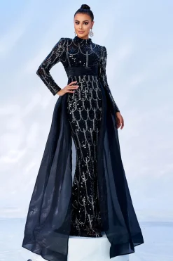 Lindo Preto Sereia Sereia Mangas Longas Frisado Vestido de Baile