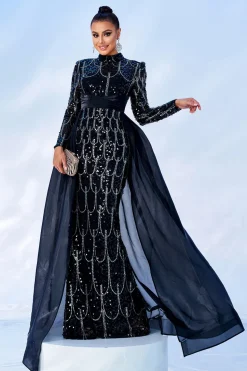 Lindo Preto Sereia Sereia Mangas Longas Frisado Vestido de Baile