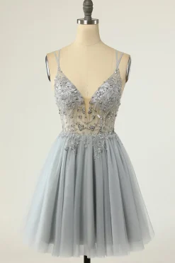 Lindo um espaguete de linha correias grey short homecoming vestido com missanga