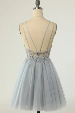 Lindo um espaguete de linha correias grey short homecoming vestido com missanga
