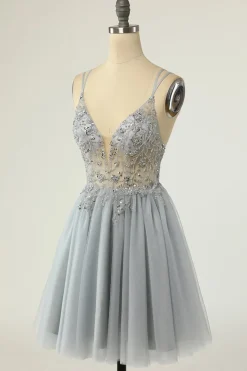 Lindo um espaguete de linha correias grey short homecoming vestido com missanga