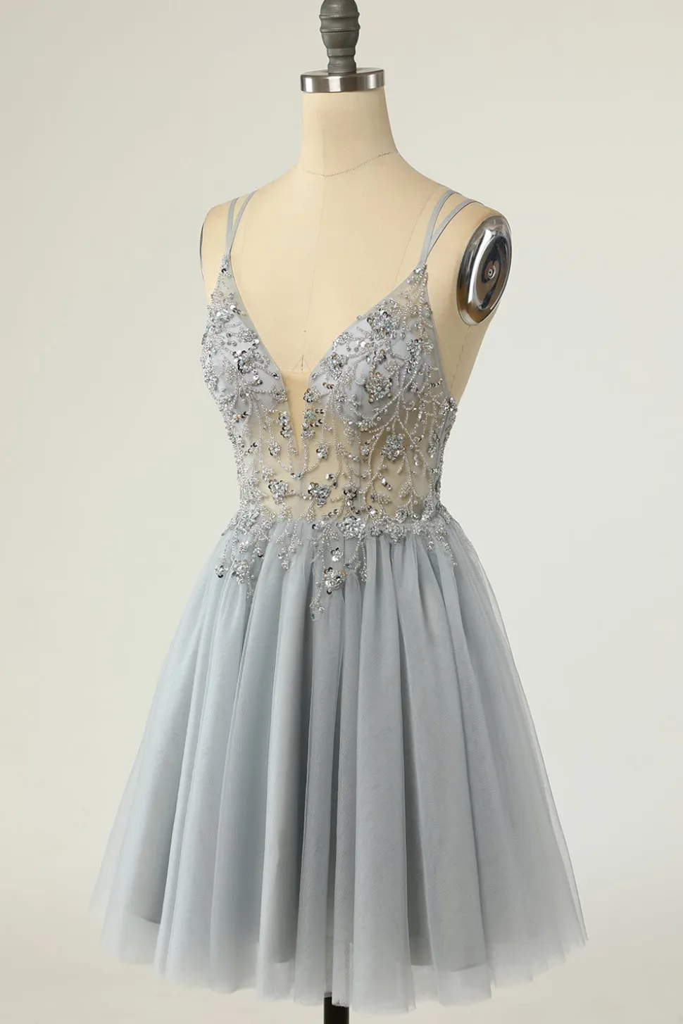 Lindo um espaguete de linha correias grey short homecoming vestido com missanga