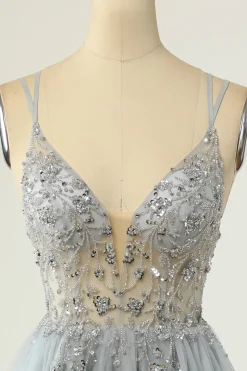 Lindo um espaguete de linha correias grey short homecoming vestido com missanga