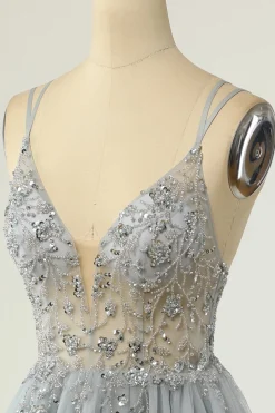 Lindo um espaguete de linha correias grey short homecoming vestido com missanga