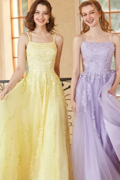 Lindo um espaguete de linha tiras amarelo longo vestido de baile com apliques