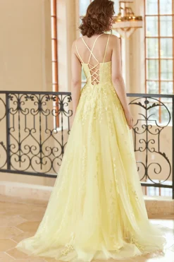 Lindo um espaguete de linha tiras amarelo longo vestido de baile com apliques